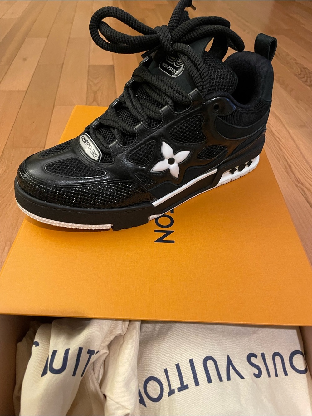 Louis Vuitton Black Sneakers with White Monogram Flower Accent